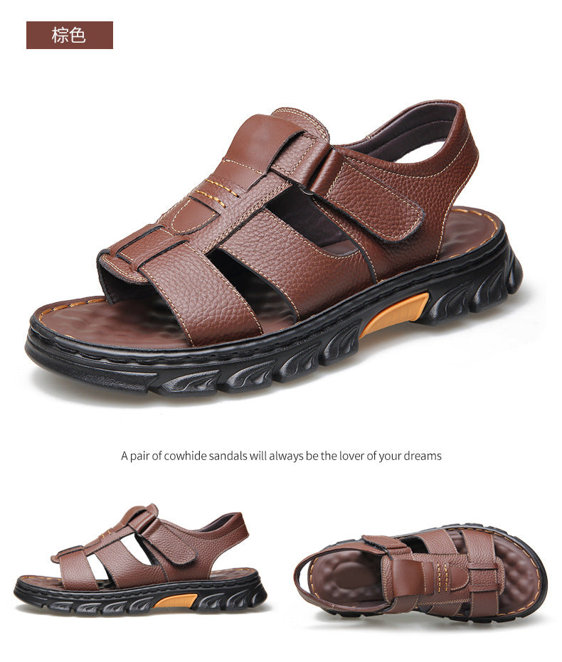 Sandals Men's New Men's Beach Shoes Cowhide Sandals Outdoor Shoes Non-Slip Thick-Soled Roman Leather Sandals for Men
