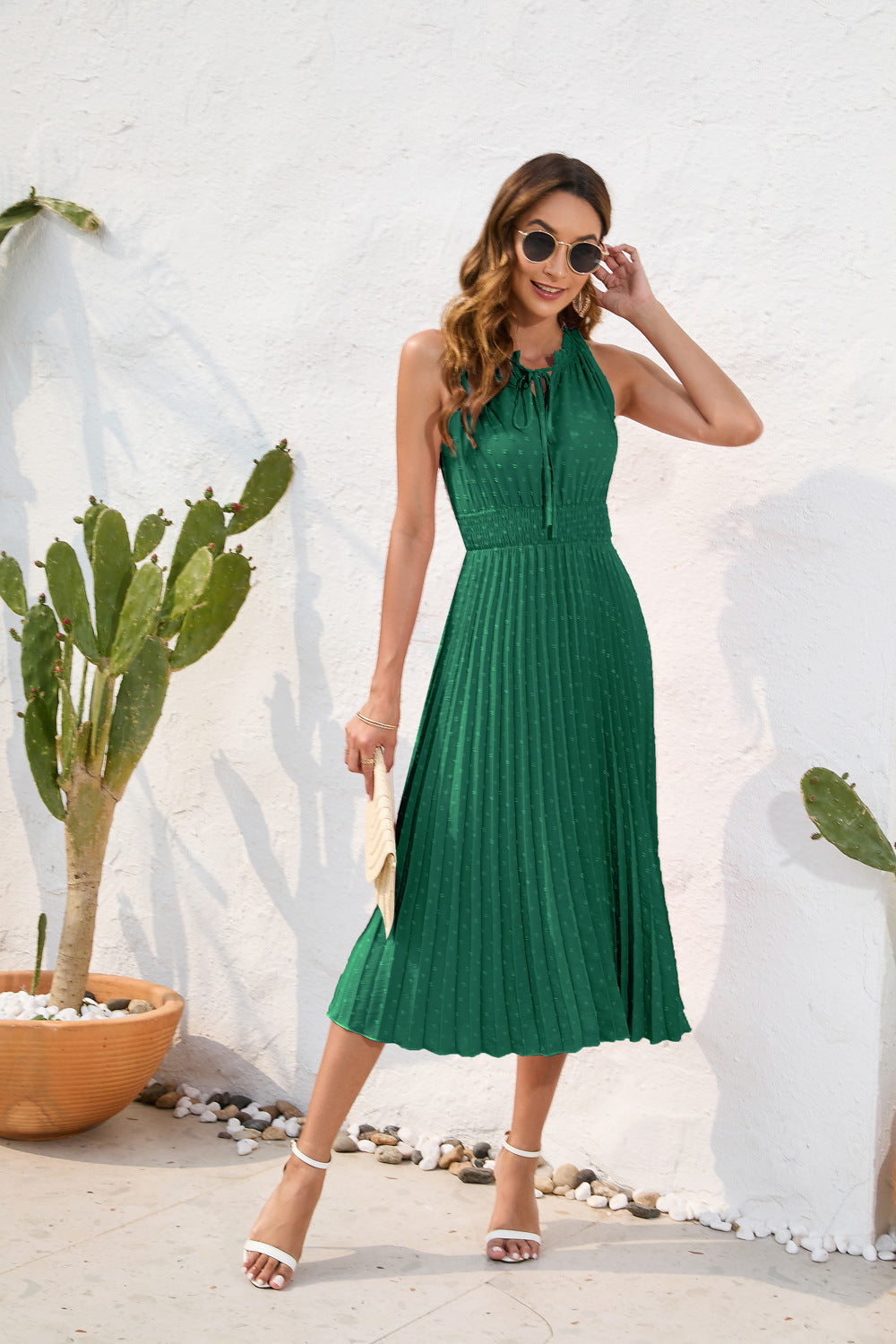 Amazon Cross-Border Lace-Up High-Waist Pleated Fur Ball Dress Sleeveless Summer Dress Casual Vacation Travel Dress