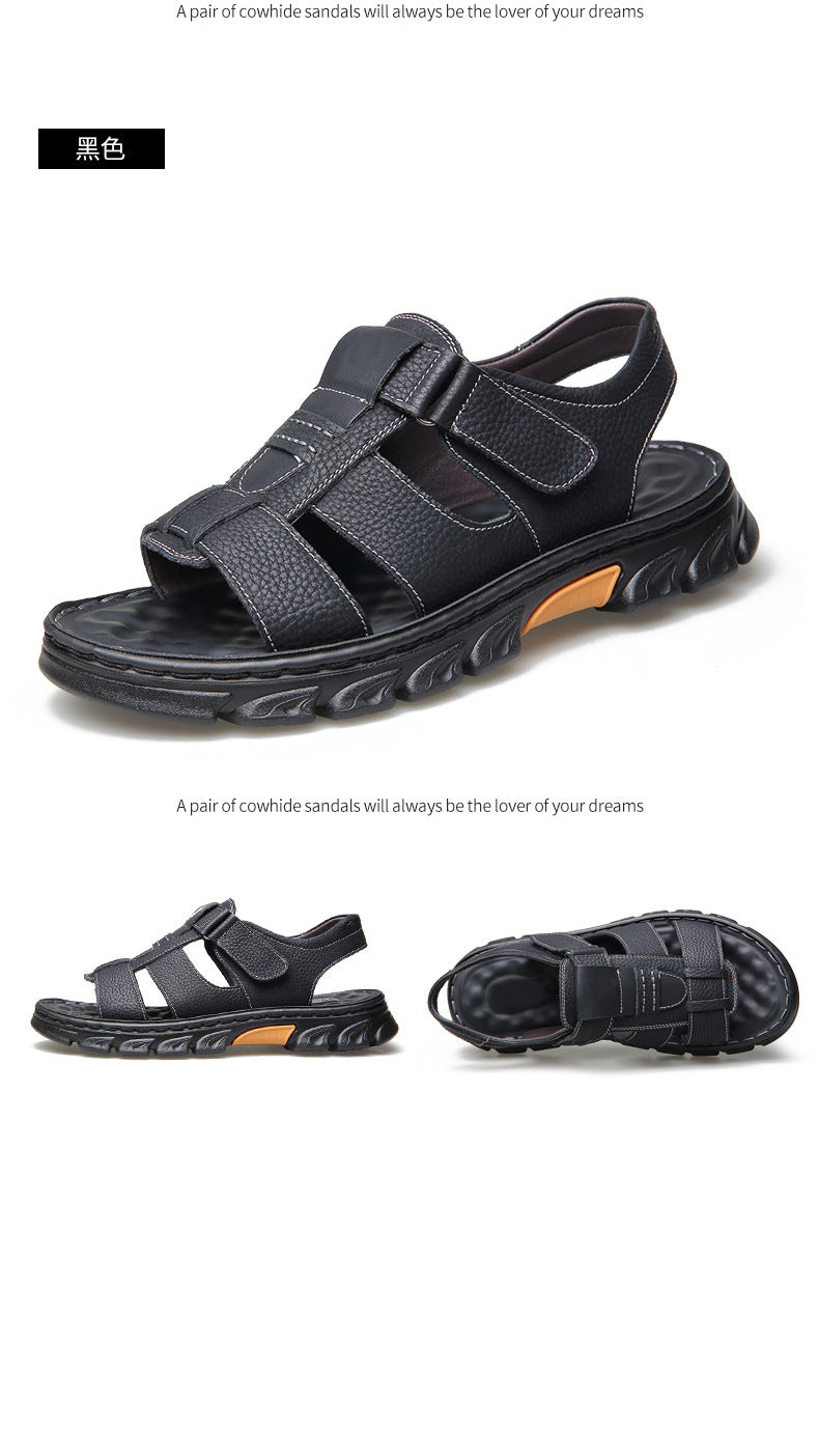 Sandals Men's New Men's Beach Shoes Cowhide Sandals Outdoor Shoes Non-Slip Thick-Soled Roman Leather Sandals for Men