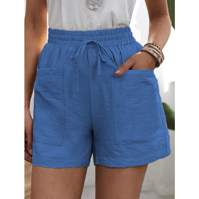 European and American Cross-Border Wish Summer Women's Popular Linen Texture Casual Shorts with Pockets, Solid Color, Plus Size, High-Waisted Wide-Leg Pants