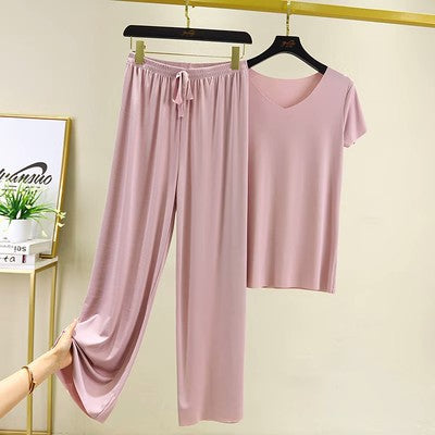 Ice Silk Short-sleeved Trousers Home Suit V-neck T-shirt Set Women's Summer Thin Casual Outwear Solid Color Pajamas Two-piece Set
