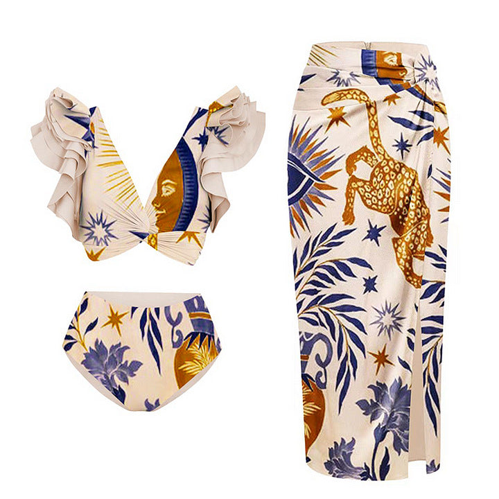 2024 European and American New Bikini Shoulder Ruffled Ethnic Style Printed Split Swimsuit 2328