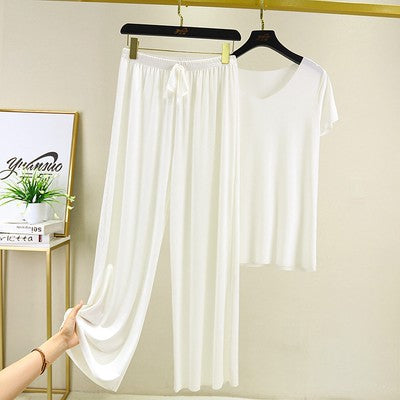Ice Silk Short-sleeved Trousers Home Suit V-neck T-shirt Set Women's Summer Thin Casual Outwear Solid Color Pajamas Two-piece Set