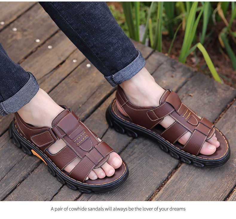 Sandals Men's New Men's Beach Shoes Cowhide Sandals Outdoor Shoes Non-Slip Thick-Soled Roman Leather Sandals for Men