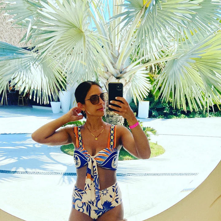 2024 European and American New Bikini Shoulder Ruffled Ethnic Style Printed Split Swimsuit 2328