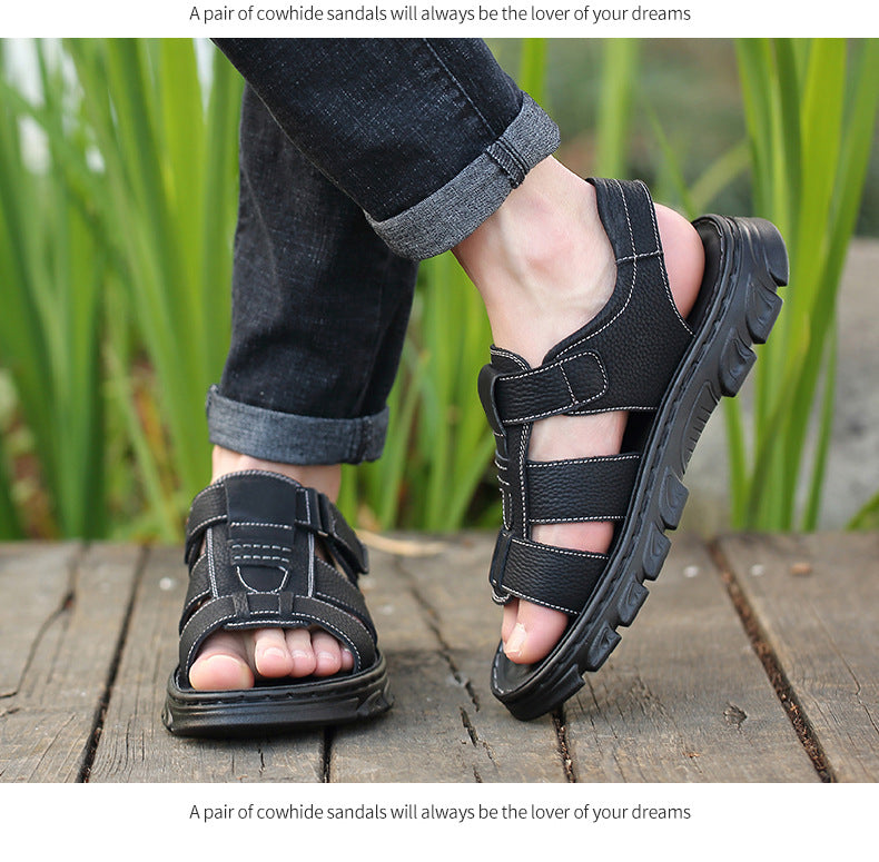 Sandals Men's New Men's Beach Shoes Cowhide Sandals Outdoor Shoes Non-Slip Thick-Soled Roman Leather Sandals for Men