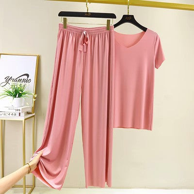 Ice Silk Short-sleeved Trousers Home Suit V-neck T-shirt Set Women's Summer Thin Casual Outwear Solid Color Pajamas Two-piece Set