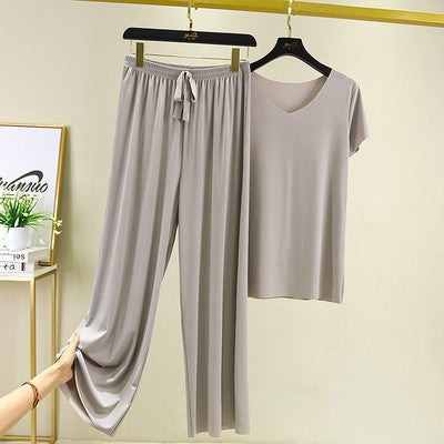 Ice Silk Short-sleeved Trousers Home Suit V-neck T-shirt Set Women's Summer Thin Casual Outwear Solid Color Pajamas Two-piece Set