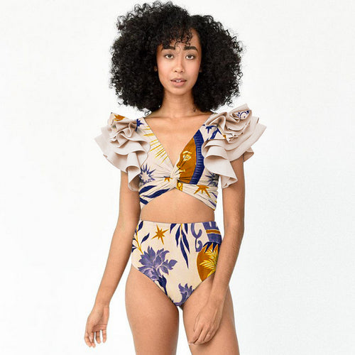 2024 European and American New Bikini Shoulder Ruffled Ethnic Style Printed Split Swimsuit 2328