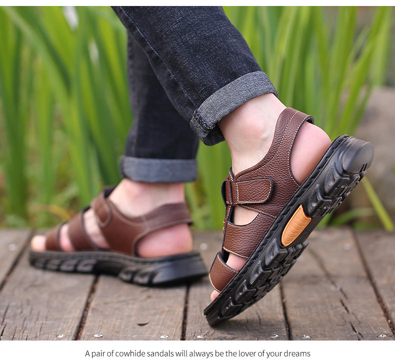 Sandals Men's New Men's Beach Shoes Cowhide Sandals Outdoor Shoes Non-Slip Thick-Soled Roman Leather Sandals for Men