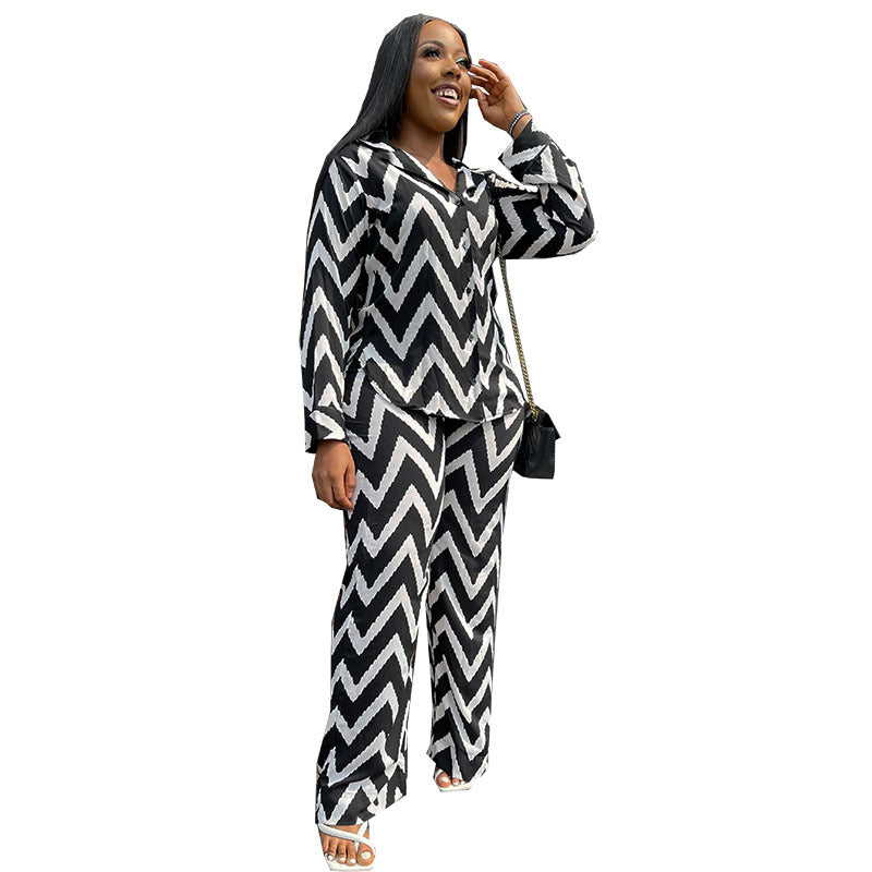 African Cross-border Source 2023 New Printed Long-sleeved Shirt with Elapsed Pants Casual suit