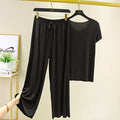 Ice Silk Short-sleeved Trousers Home Suit V-neck T-shirt Set Women's Summer Thin Casual Outwear Solid Color Pajamas Two-piece Set