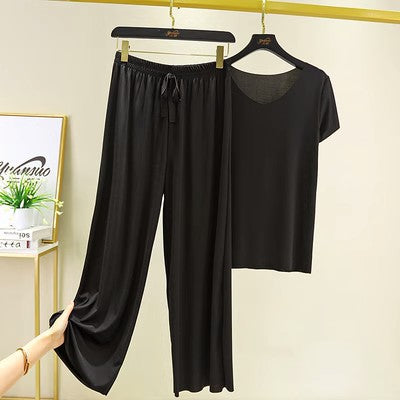 Ice Silk Short-sleeved Trousers Home Suit V-neck T-shirt Set Women's Summer Thin Casual Outwear Solid Color Pajamas Two-piece Set