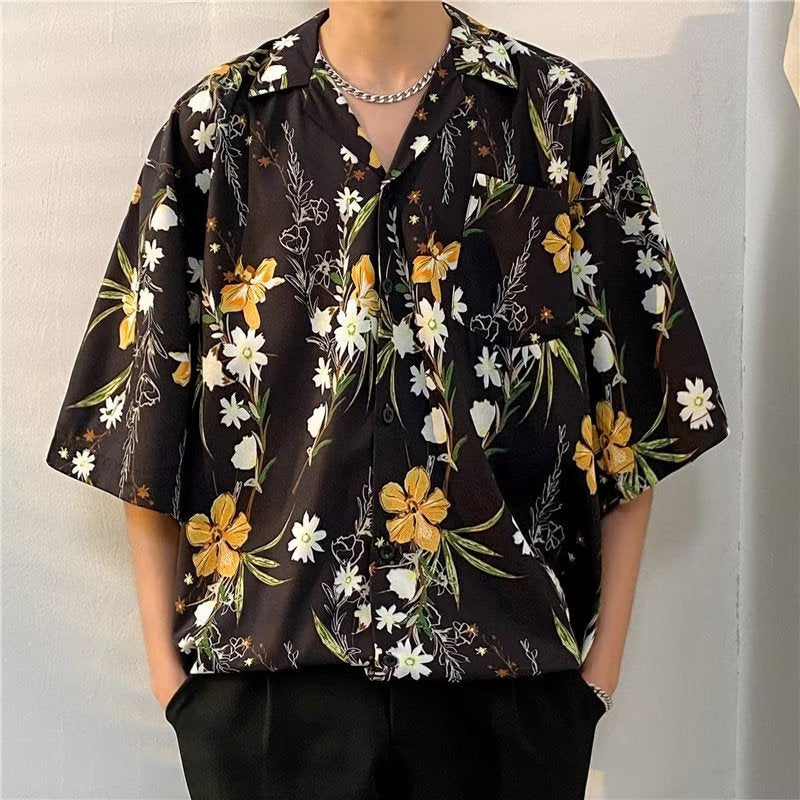 Hawaiian Floral Shirt Men's Short-sleeved Loose Summer Ice Silk Shirt High-grade Sense Duffy Handsome Fashionable Style Shirt Men's