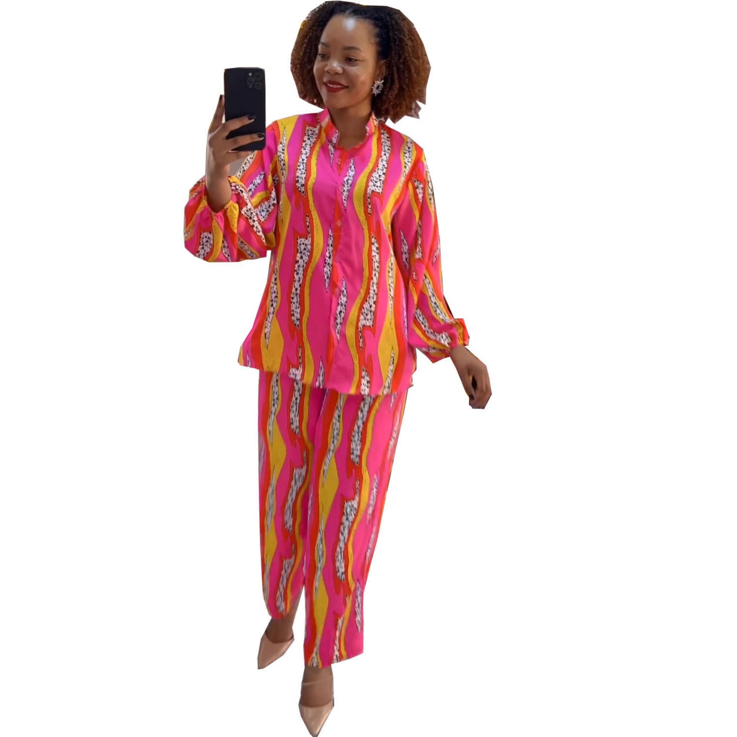 African Cross-border Source 2023 New Printed Long-sleeved Shirt with Elapsed Pants Casual suit
