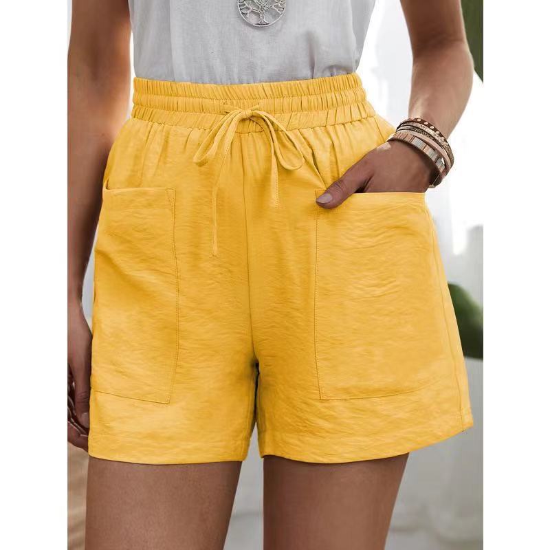 European and American Cross-Border Wish Summer Women's Popular Linen Texture Casual Shorts with Pockets, Solid Color, Plus Size, High-Waisted Wide-Leg Pants