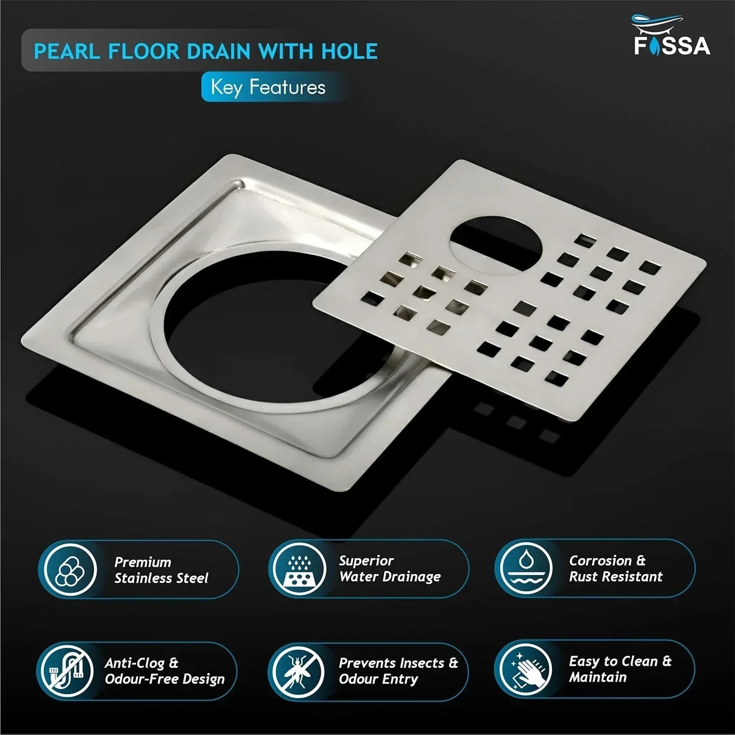 Pearl Floor Drain (5 x 5 Inches) Premium Stainlees Steel With Hole-2